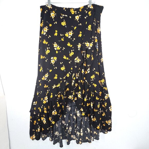 NWT Torrid Black Yellow Floral Faux Wrap Maxi Challis Skirt Ruffle Trim High Low - Picture 2 of 12